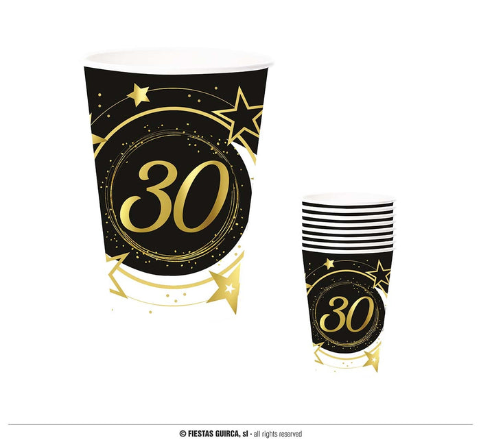 Feestbazaar Bekers Sterren zwart/wit/goud 30 Jaar (6st)