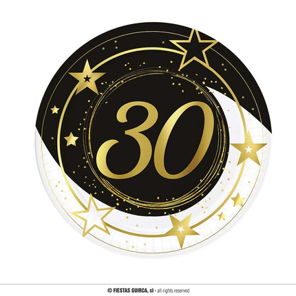 Feestbazaar Borden Sterren zwart/wit/goud 30 Jaar (6st)