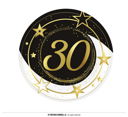 Feestbazaar Borden Sterren zwart/wit/goud 30 Jaar (6st)