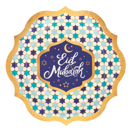 Feestbazaar Bordjes Eid Mubarak Blauw/Goud (8st)