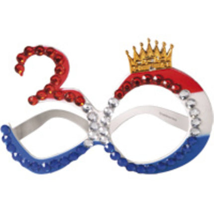 Feestbazaar Bril Rood/Wit/Blauw 30 met kroontje