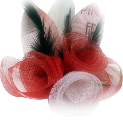 Feestbazaar Broche tule 3 bloemen met veertjes rood-wit-rood