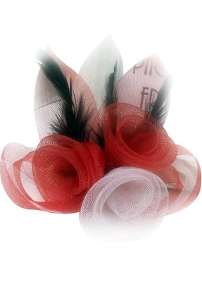 Feestbazaar Broche tule 3 bloemen met veertjes rood-wit-rood
