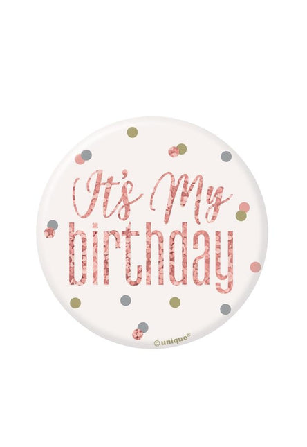Feestbazaar Button 'It's My Birthday' Rosé Goud Glitz