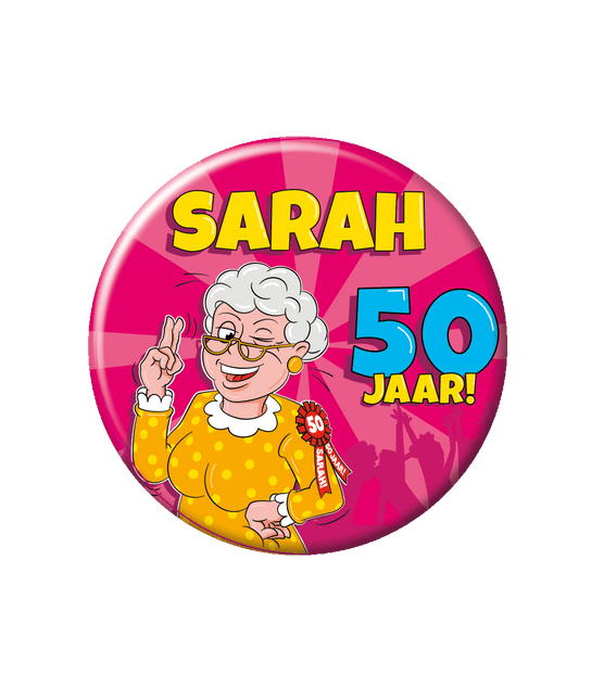 Feestbazaar Button Sarah Cartoon 50 jaar