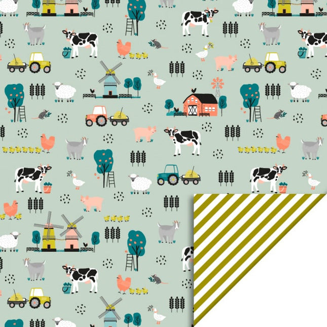 Feestbazaar Cadeaupapier Boerderij Print Pistache / Stripe Olive Green