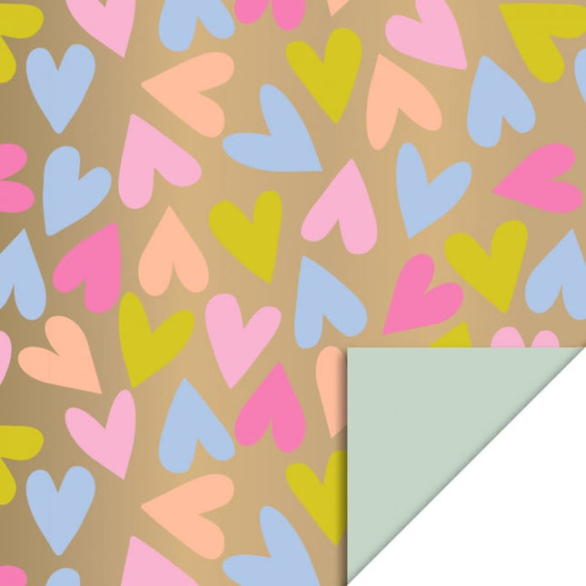Feestbazaar Cadeaupapier Dubbelzijdig Big Hearts Goud/Pistache