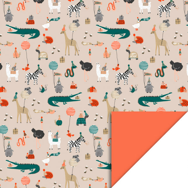 Feestbazaar Cadeaupapier Dubbelzijdig Feestende Dieren Print Poppy Red