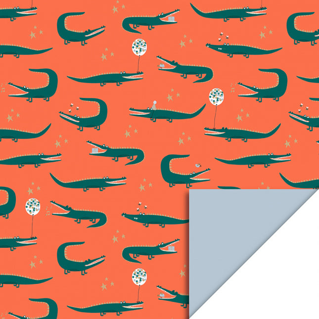 Feestbazaar Cadeaupapier Dubbelzijdig Krokodil Oranje/Sky Blue
