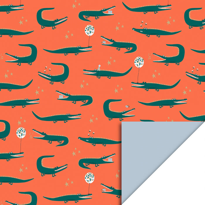 Feestbazaar Cadeaupapier Dubbelzijdig Krokodil Oranje/Sky Blue