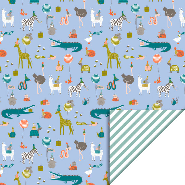 Feestbazaar Cadeaupapier Feestende Dieren Print Sky Blue Stripe / Misty Green