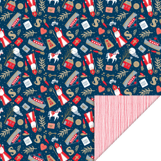 Feestbazaar Cadeaupapier Rol Pakjesavond Blue - Stripes Deep Red (3m)