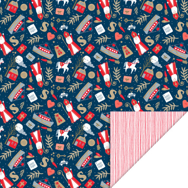 Feestbazaar Cadeaupapier Rol Pakjesavond Blue - Stripes Deep Red (3m)
