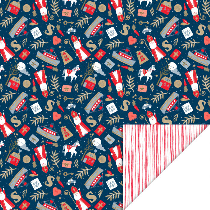 Feestbazaar Cadeaupapier Rol Pakjesavond Blue - Stripes Deep Red (3m)