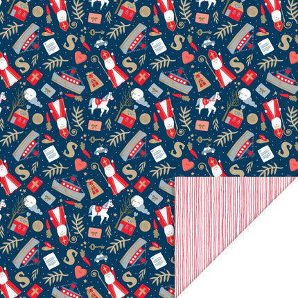 Feestbazaar Cadeaupapier Rol Pakjesavond Blue - Stripes Deep Red (3m)