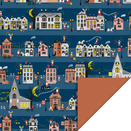 Feestbazaar Cadeaupapier Rol Sint Straat Blue - Cognac (3m)