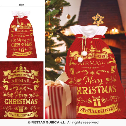 Feestbazaar Cadeauzak Merry Christmas Luxe Rood/Goud (60x95cm)