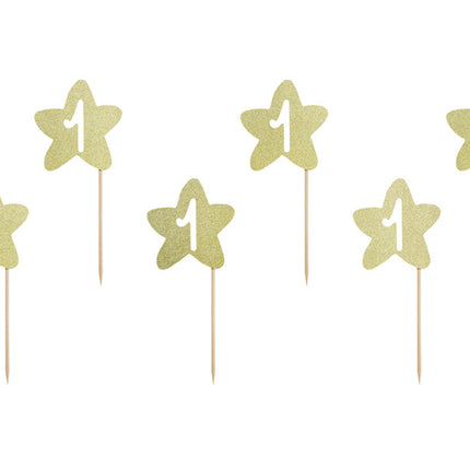 Feestbazaar Cake Topper '1' Ster Goud - 6 stuks
