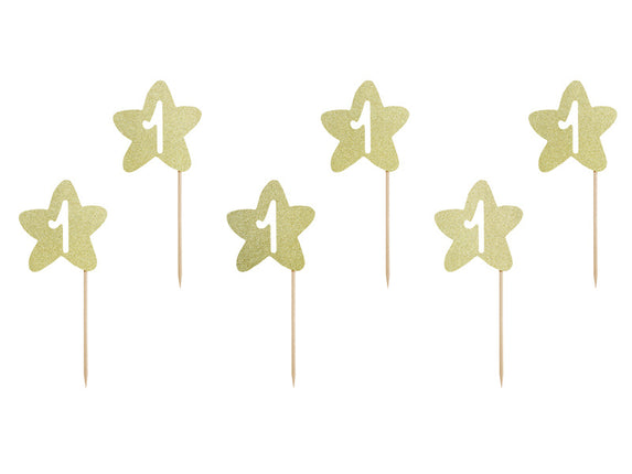 Feestbazaar Cake Topper '1' Ster Goud - 6 stuks