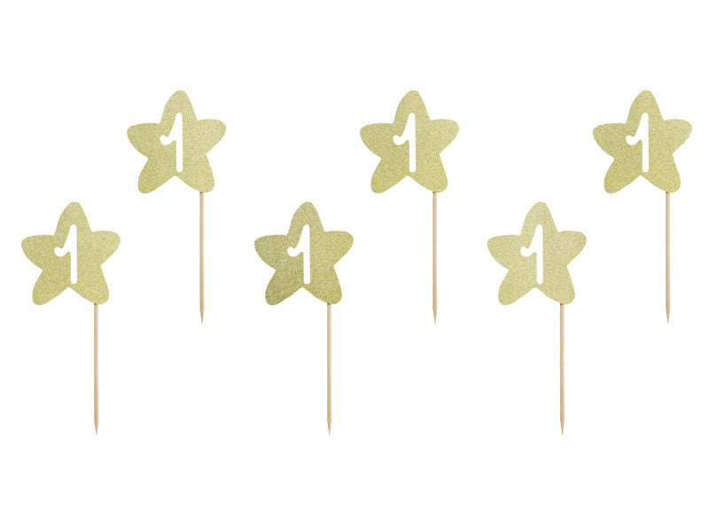 Feestbazaar Cake Topper '1' Ster Goud - 6 stuks