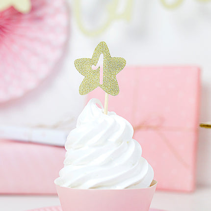 Feestbazaar Cake Topper '1' Ster Goud - 6 stuks