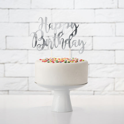 Feestbazaar Cake topper Happy Birthday Zilver
