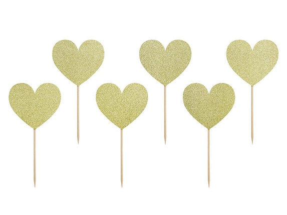 Feestbazaar Cake Toppers Glitter Hartjes Goud - 6 Stuks
