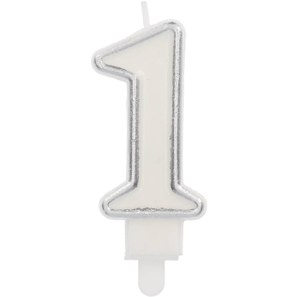 Feestbazaar Cijferkaars '1' Wit Zilver Chique (9cm)
