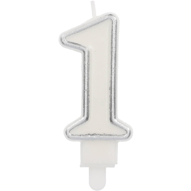 Feestbazaar Cijferkaars '1' Wit Zilver Chique (9cm)
