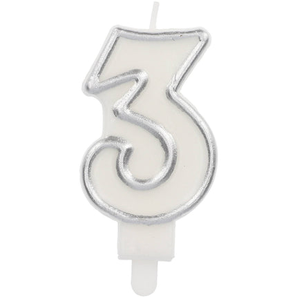 Feestbazaar Cijferkaars '3' Wit Zilver Chique (9cm)