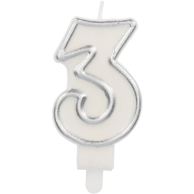 Feestbazaar Cijferkaars '3' Wit Zilver Chique (9cm)