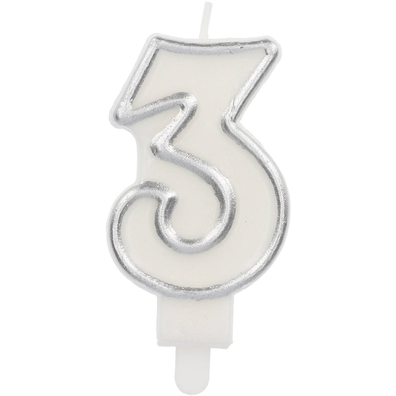 Feestbazaar Cijferkaars '3' Wit Zilver Chique (9cm)