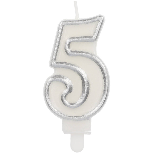 Feestbazaar Cijferkaars '5' Wit Zilver Chique (9cm)