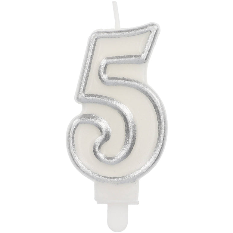 Feestbazaar Cijferkaars '5' Wit Zilver Chique (9cm)
