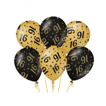 Feestbazaar Classy Ballonen 16 Jaar Zwart/Goud (6st)