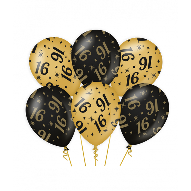 Feestbazaar Classy Ballonen 16 Jaar Zwart/Goud (6st)