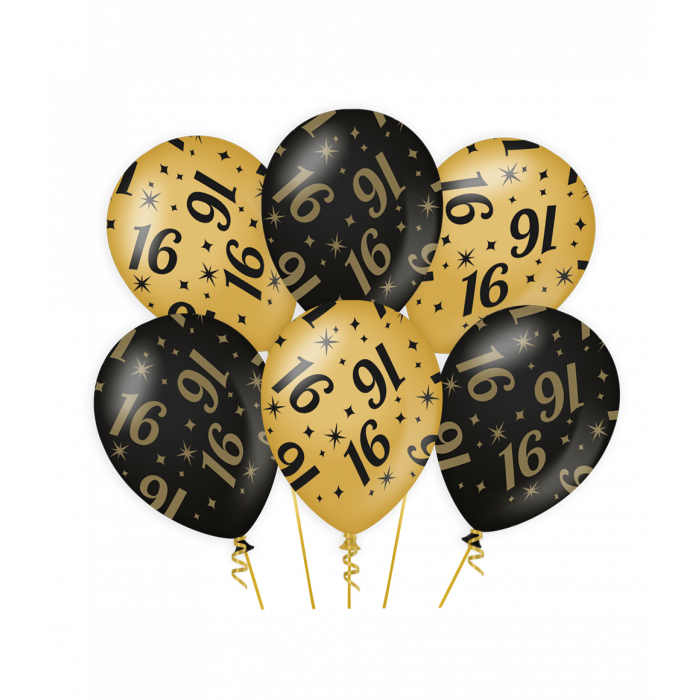 Feestbazaar Classy Ballonen 16 Jaar Zwart/Goud (6st)