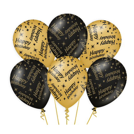 Feestbazaar Classy Ballonnen Happy Birthday Zwart/Goud (6st)