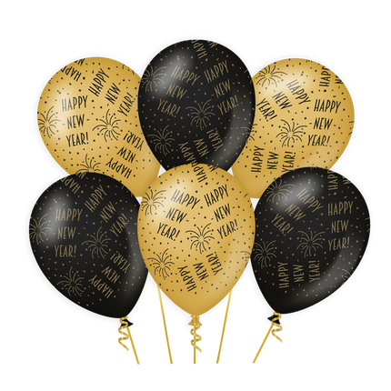 Feestbazaar Classy Ballonnen Happy New Year Zwart/Goud (6st)