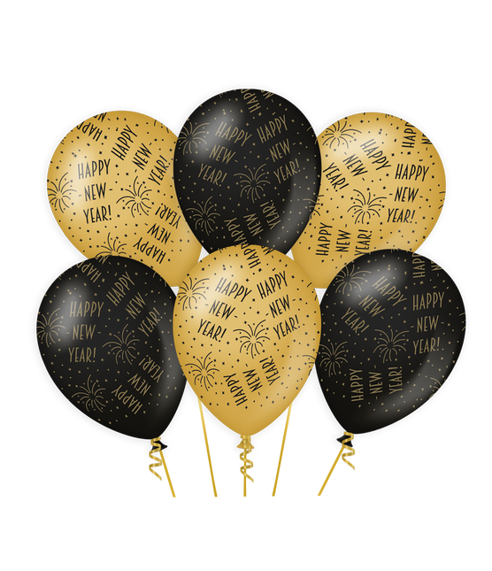 Feestbazaar Classy Ballonnen Happy New Year Zwart/Goud (6st)