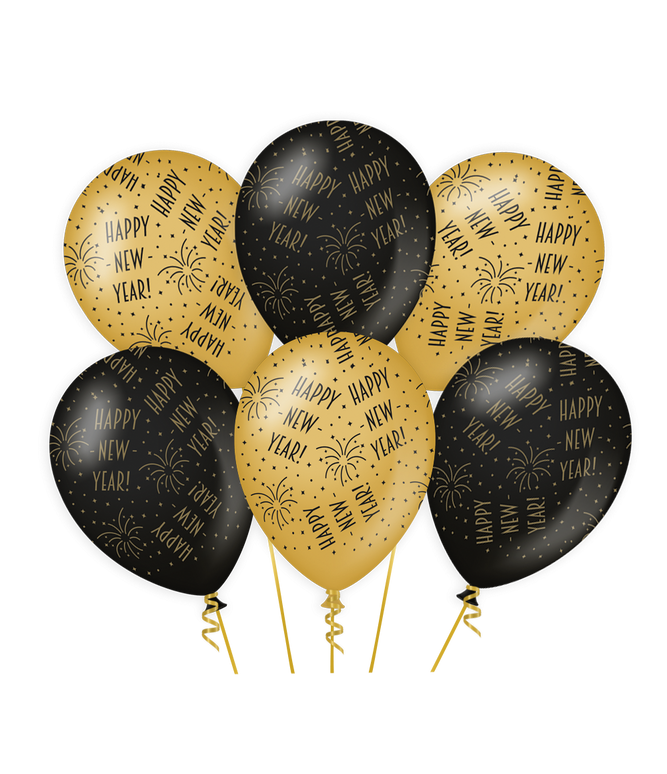 Feestbazaar Classy Ballonnen Happy New Year Zwart/Goud (6st)