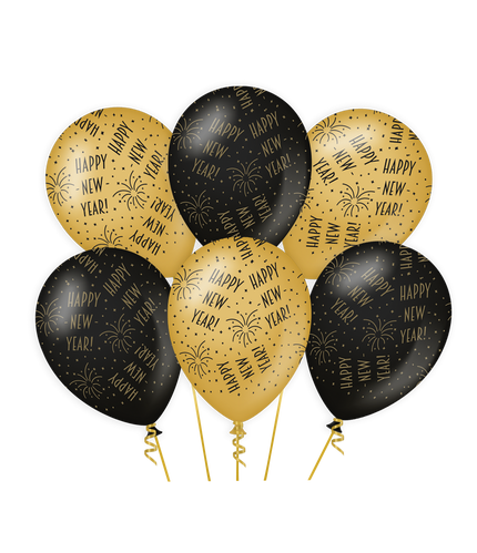 Feestbazaar Classy Ballonnen Happy New Year Zwart/Goud (6st)