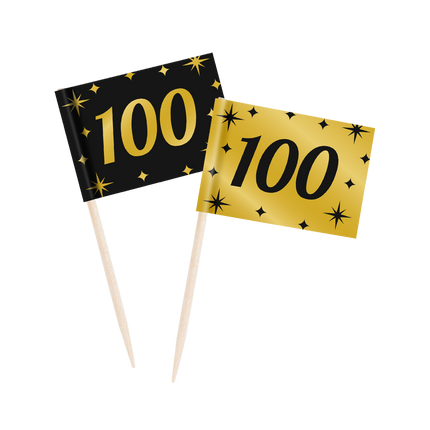 Feestbazaar Classy Cocktail Prikkers 100 Jaar Zwart/Goud (50st)
