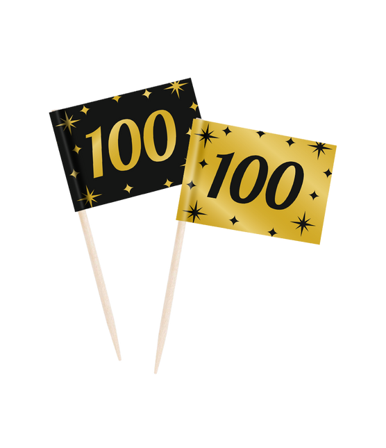 Feestbazaar Classy Cocktail Prikkers 100 Jaar Zwart/Goud (50st)