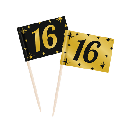 Feestbazaar Classy Cocktail Prikkers 16 Jaar Zwart/Goud (50st)
