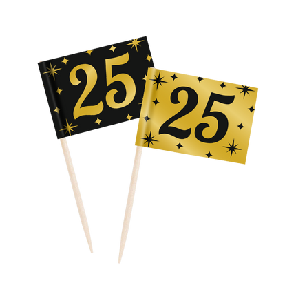 Feestbazaar Classy Cocktail Prikkers 25 Jaar Zwart/Goud (50st)