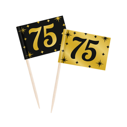 Feestbazaar Classy Cocktail Prikkers 75 Jaar Zwart/Goud (50st)