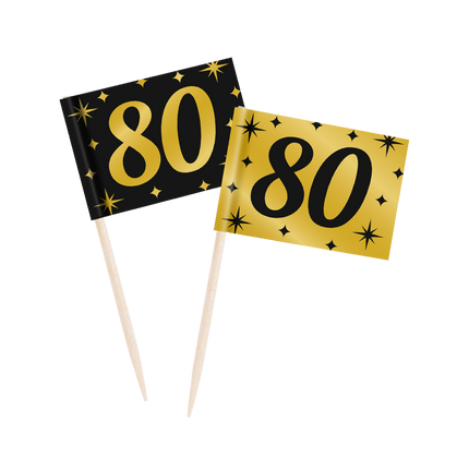 Feestbazaar Classy Cocktail Prikkers 80 Jaar Zwart/Goud (50st)