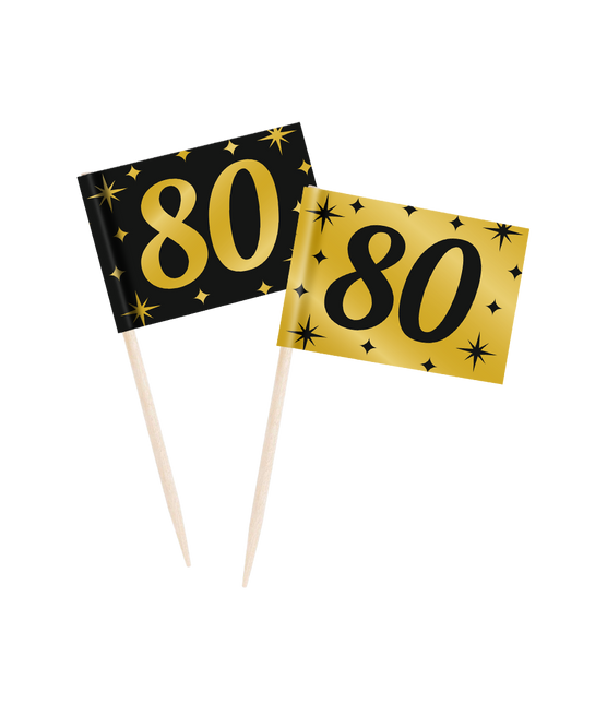 Feestbazaar Classy Cocktail Prikkers 80 Jaar Zwart/Goud (50st)