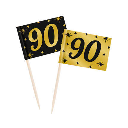 Feestbazaar Classy Cocktail Prikkers 90 Jaar Zwart/Goud  (50st)